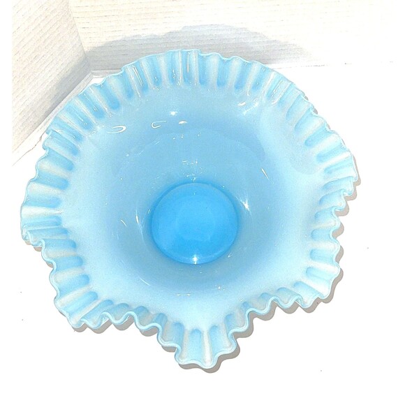 Fenton Glass Bowl Shades Of Blue Glass Ruffled Crimped 9 1/2” By 3” - Picture 3 of 6